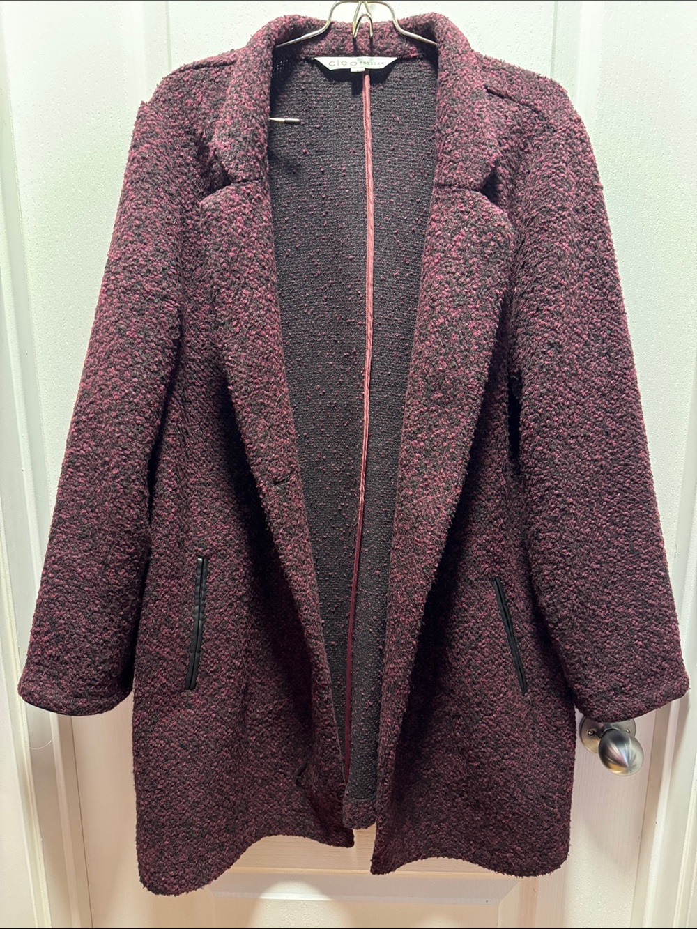 cleo Bouclé Open-Front Pea Coat in Burgundy